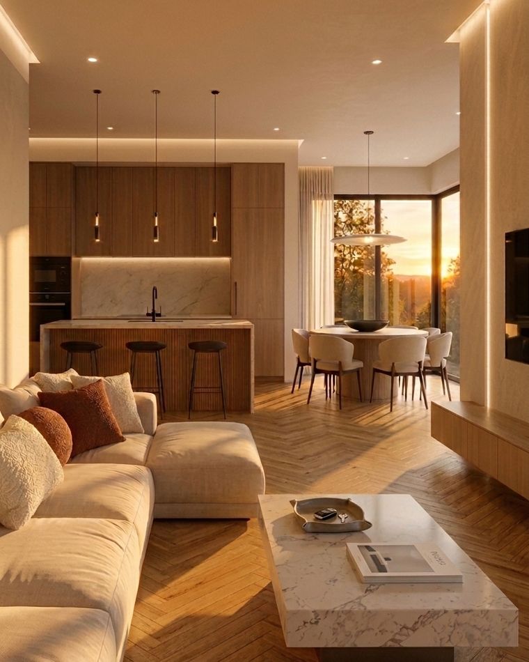 Il soggiorno open space della villa a lavori conclusi: parquet a spina di pesce, isola cucina e luce di tramonto