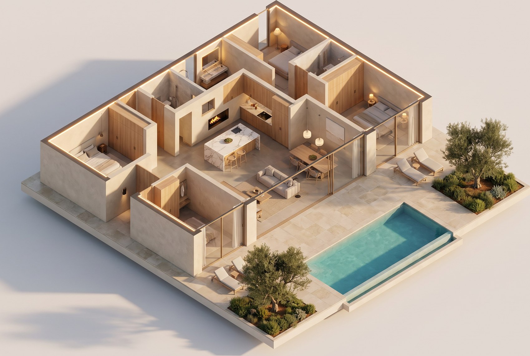 Assonometria 3D della villa in sezione, con arredi e illuminazione