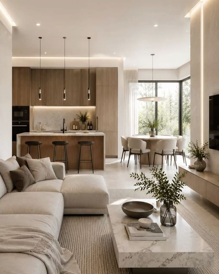 Render 3D fotorealistico del soggiorno open space della villa: cucina in legno con isola, divano angolare e zona pranzo