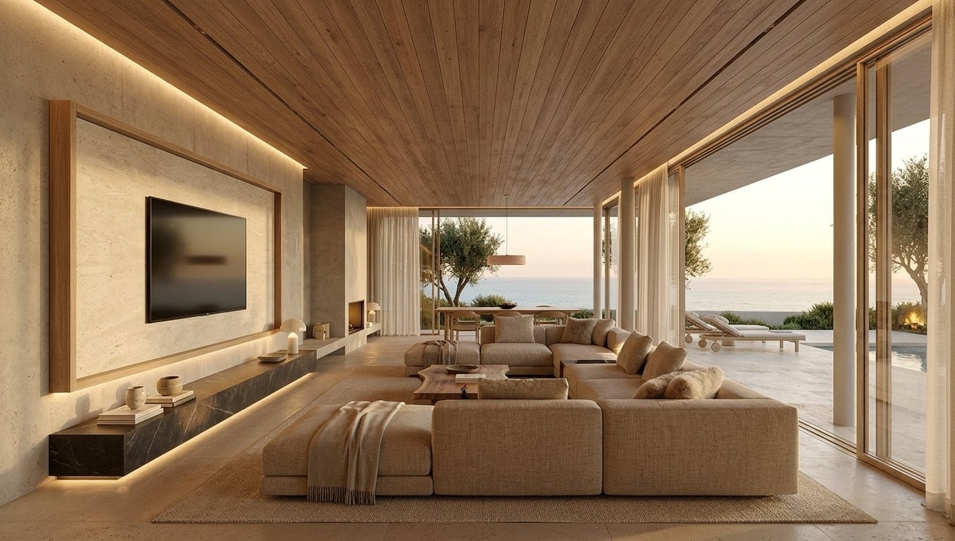 Render fotorealistico del soggiorno con vetrata sul mare, prodotto dalla nuvola di punti LiDAR